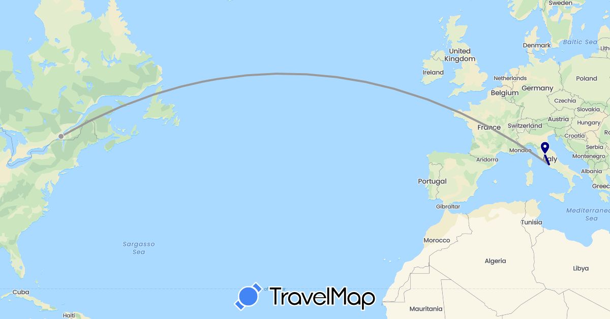 TravelMap itinerary: driving, plane in Canada, Italy (Europe, North America)